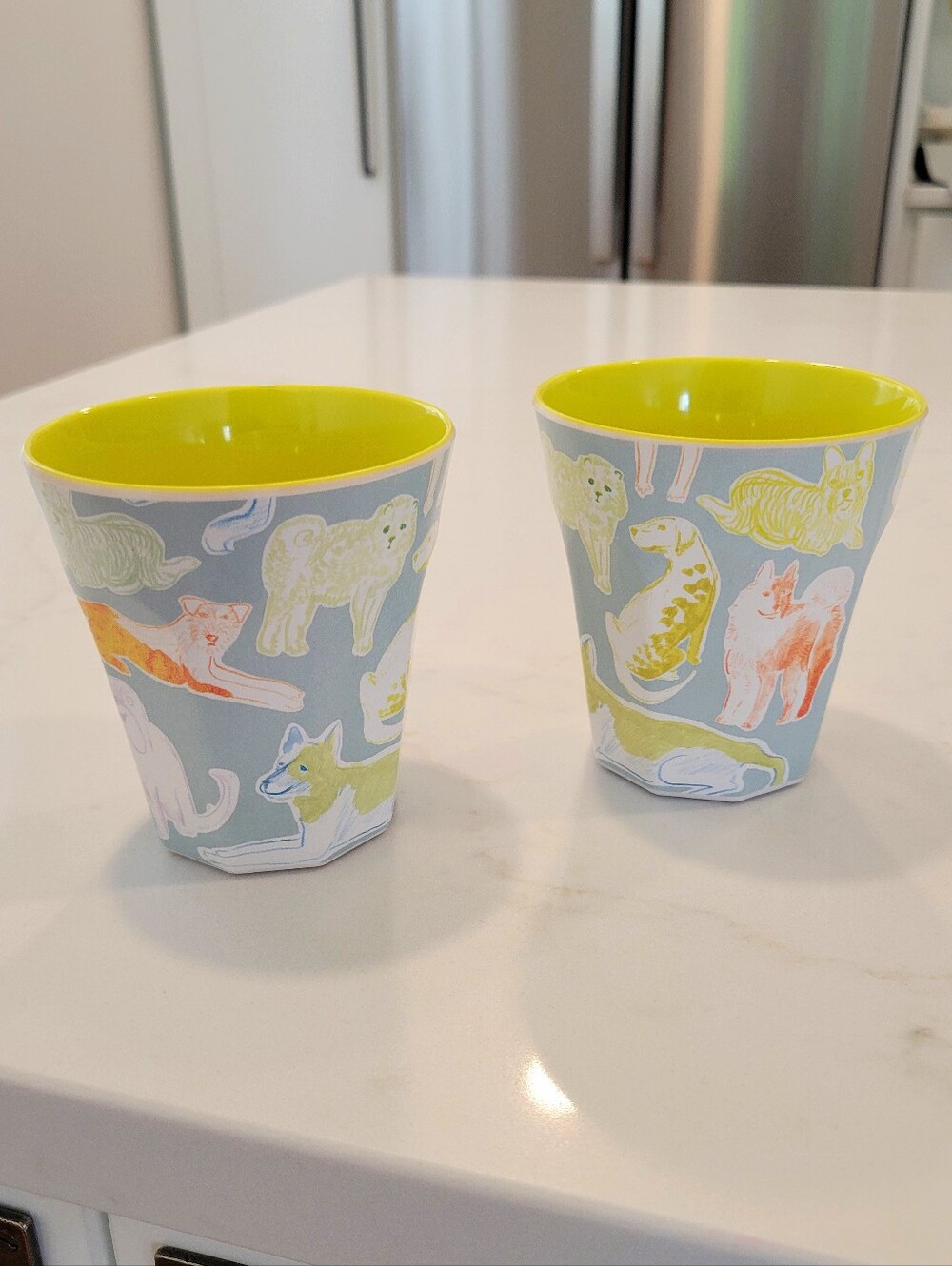 Anthro Melamine Picnic Cup Tumbler Dog Green Blue Set Plastic Animal Print